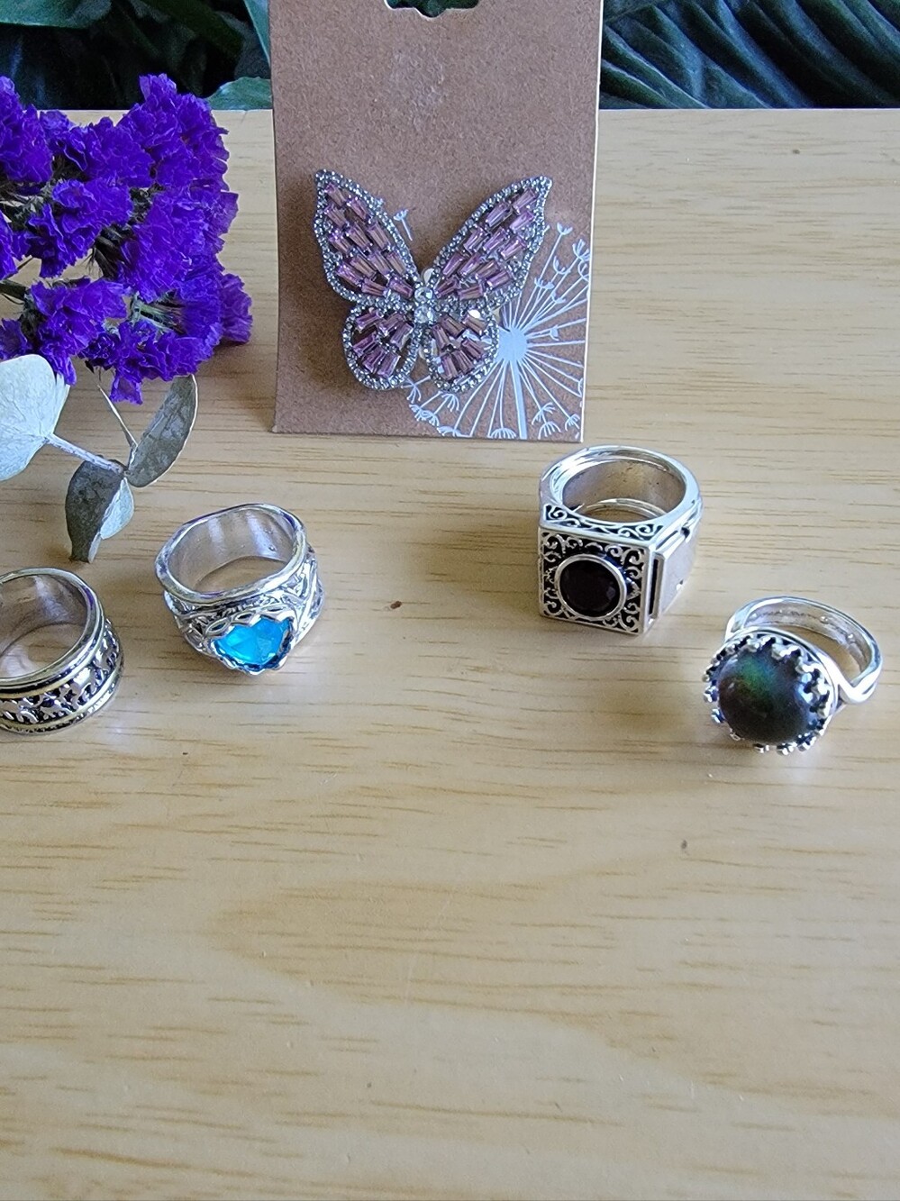 Bling Rings Set of 5. Buttetfly, Mood, Sliding Ring Etc.. Sizes 6, 7, 8,